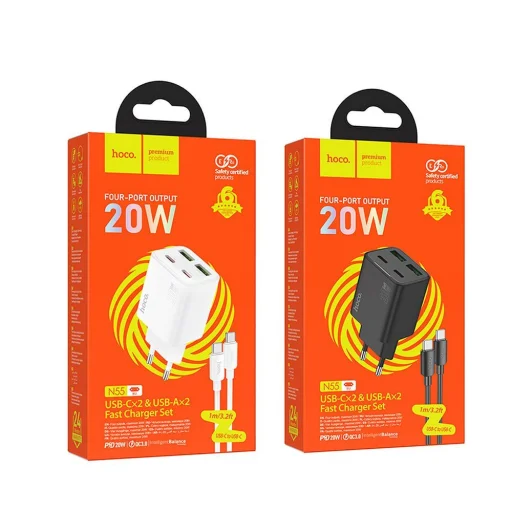 HOCO töltő 2 x Type C + 2 x USB A + kábel Type C to Type C PD QC3.0 3A 20W N55 fehér - 6
