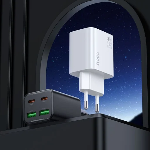 HOCO töltő 2 x Type C + 2 x USB A + Type C kábel Lightningre PD QC3.0 3A 30W N56 fekete - 4