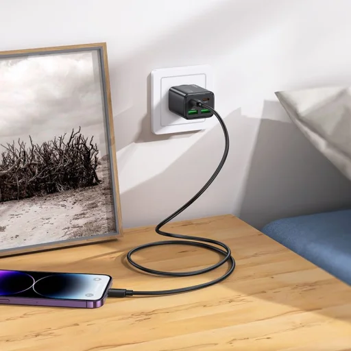 HOCO töltő 2 x Type C + 2 x USB A + Type C kábel Lightningre PD QC3.0 3A 30W N56 fekete - 5