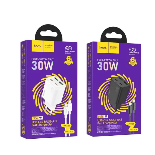 HOCO töltő 2 x Type C + 2 x USB A + Type C kábel Lightningre PD QC3.0 3A 30W N56 fekete - 7