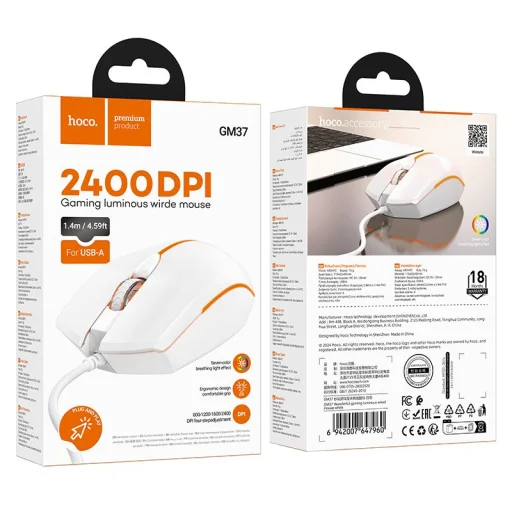 HOCO vezetékes gamer USB A számítógépes egér 2400 dpi GM37 fehér - 5