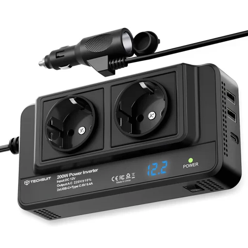 Techsuit - Autós Áramátalakító PowerDrive X (IA2) - Type-C, 2x USB-A, 2x AC Csatlakozó, 220V, 200W - Fekete - 1