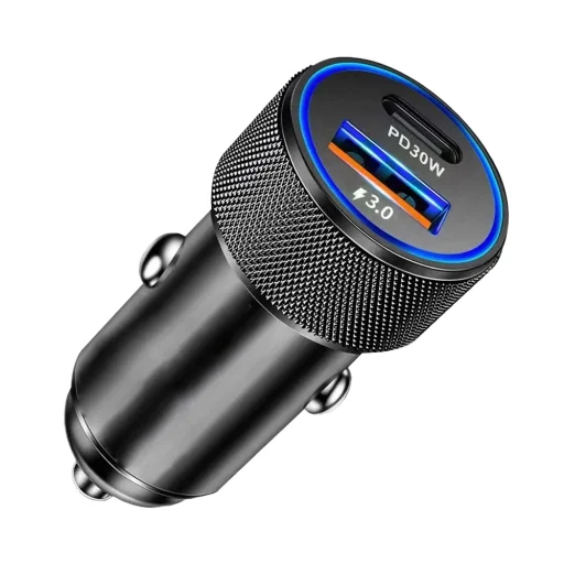 Techsuit - Prémium Autós Töltő VoltDuo (C2) - LED Fénnyel, USB QC 3.0, Type-C PD30W, 5V/3A, ABS, Fém - Fekete. - 2