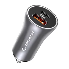 Autós töltő - Techsuit - Premium Car Charger RescueVolt (C3) - fém ablakbetörővel, gyorstöltés, USB QC18W, USB-C PD30W, 5V/3A - Szürke.