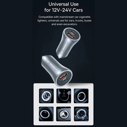 Autós töltő - Techsuit - Premium Car Charger RescueVolt (C3) - fém ablakbetörővel, gyorstöltés, USB QC18W, USB-C PD30W, 5V/3A - Szürke. - 6