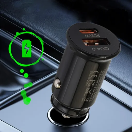 Techsuit - Prémium autós töltő MiniFuseX (C4) - Gyors töltés, mini dizájn, 2 az 1-ben USB QC 4.0, Type-C PD20W, 5V/3A, ABS - Fekete. - 9