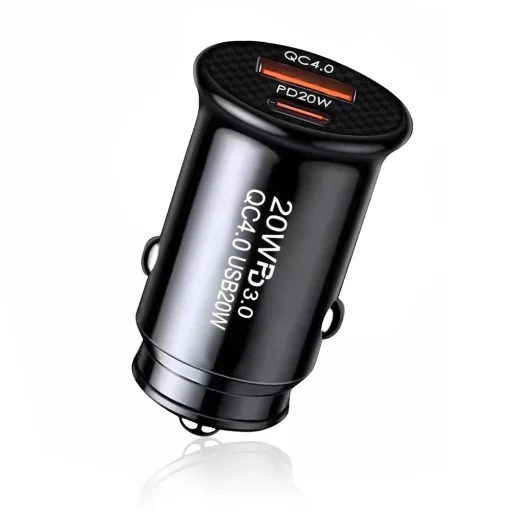 Techsuit - Prémium autós töltő MiniFuseX (C4) - Gyors töltés, mini dizájn, 2 az 1-ben USB QC 4.0, Type-C PD20W, 5V/3A, ABS - Fekete. - 1