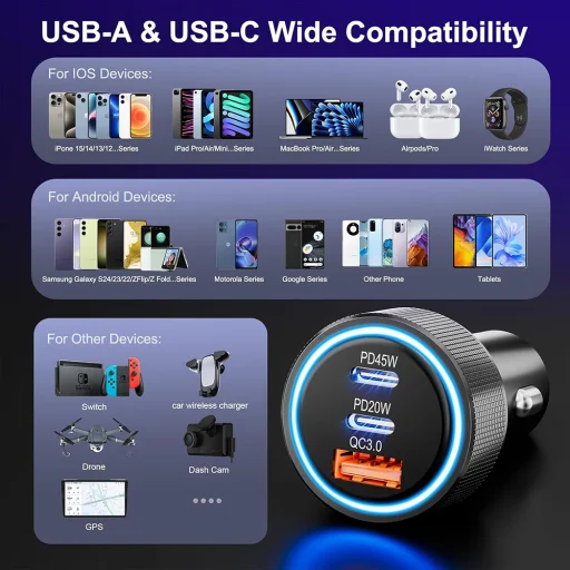 Techsuit - Prémium Autós Töltő DriveBoost (C6) - Gyors Töltés, LED Világítás, USB, 2x Type-C 60W, 5V/3A, Alumínium Ötvözet - Ezüst. - 7