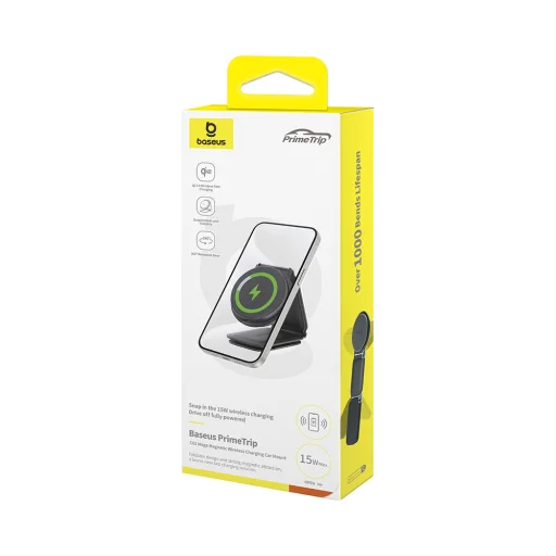 Baseus - Autós tartó vezeték nélküli töltéssel PrimeTrip C02 (C40169003111-00) - Mágneses rögzítés műszerfalra, 15W - Fekete színben - 5