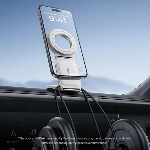 Baseus - PrimeTrip sorozat C02 autós tartó (C40169002213-00) - PU bőr, 360°, 25N, sokoldalú rögzítési lehetőség - Holdfehér - 4