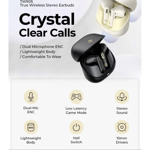 Havit - Vezeték nélküli fülhallgató (TW905) - Játékhoz, Bluetooth 5.3, Mikrofonnal, Alacsony késleltetés, Mini méret, TWS, ENC, 300mAh - Bézs - 7