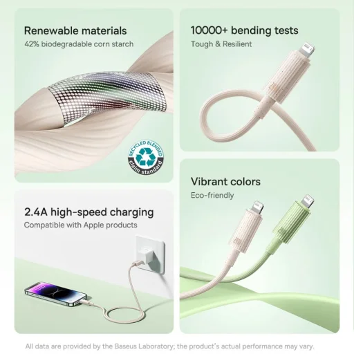 Baseus - Habitat Sorozatú Adatkábel (P10360200631-01) - USB Lightning csatlakozóval, 480Mbps, 2.4A, 2m - Természetes zöld - 6