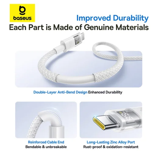 Baseus - Adatkijelzős Kábel 2 (P10382701211-00) - Gyors Töltés, USB-ről Type-C-re, Digitális Kijelző, 100W, 1m - Hold Fehér - 12