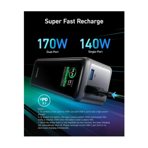 Powerbank Anker Prime, 27650mAh, 250W, QC + PD, Fekete A1340011 - 6