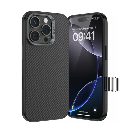  iPhone 16 Pro Max fekete Benks Mágneses Armor Pro Kevlar Tok Fém Keret 600D (AD66) (Kamera Vezérlő Gomb) - 1