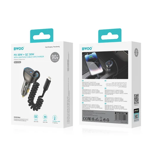 BWOO CC96L 30W PD autós töltő 1x USB-C 1x USB port Lightning kábellel szürke - 4