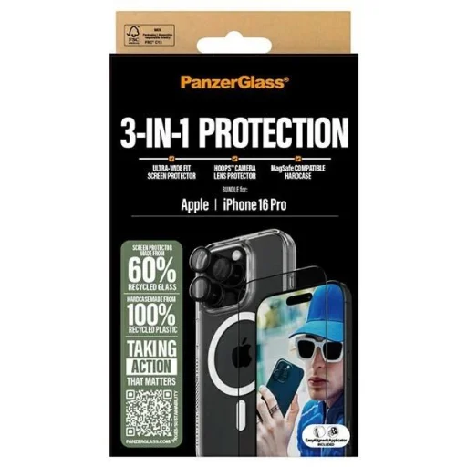 PanzerGlass Csomag 3 az 1-ben iPhone 16 Pro 6.3" D3O Keménytok + Kijelzővédő Üvegfólia + Lencsevédő - 6