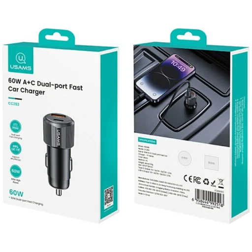 Autós töltő USAMS YT sorozat CC283 60W 1xUSB-A 1xUSB-C fekete - 8