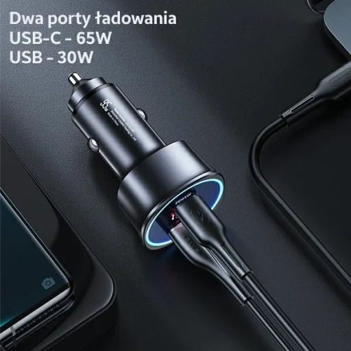 USAMS Autós Töltő 1xUSB + 1xUSB-C C26 95W (csak fej) Gyors Töltés fekete CC146TC01 (US-CC146), - 3