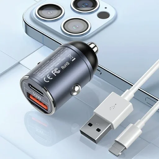 USAMS Autós Töltő 1xUSB+1xUSB-C C38 30WPD Gyors Töltés Beépített Gyűrűvel Lila CC206C - 9