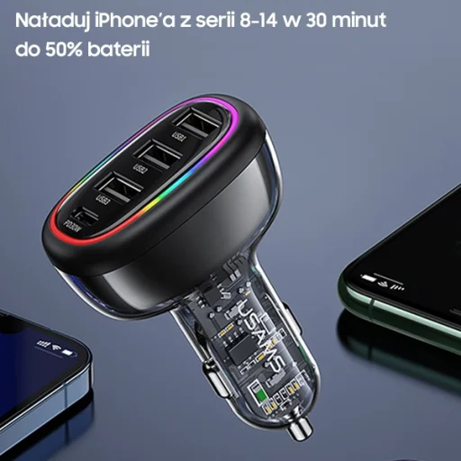 USAMS autós töltő 1xUSB-C 3xUSB-A C34 48W 3A+C PD Gyors Töltés fekete CC170CC01 (US-CC170) - 5