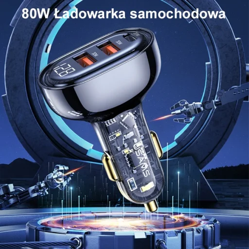 USAMS autós töltő 2xUSB+1xUSB-C 80W Gyors töltés kék (US-CC159) - 2