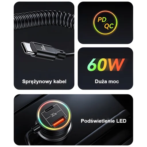 USAMS autós töltő 2xUSB-C 1xUSB-A C33 60W rugós kábellel Gyors Töltés fekete CC167CC01 (US-CC167) - 9