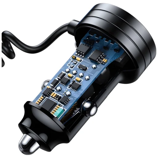 USAMS autós töltő 2xUSB-C 1xUSB-A C33 60W rugós kábellel Gyors Töltés fekete CC167CC01 (US-CC167) - 5