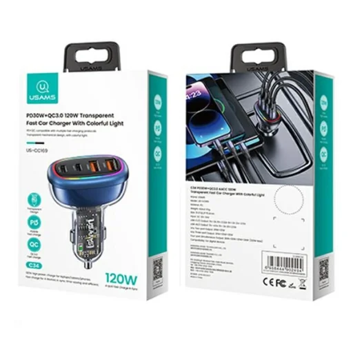 USAMS autós töltő 2xUSB-C 2xUSB-A C34 120W Gyors töltés kék CC169CC01 (US-CC169) - 10
