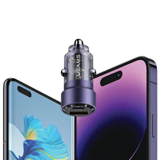 USAMS Autós Töltő C39 USB+USB-C 60W Gyors Töltés lila (US-CC208) - 2