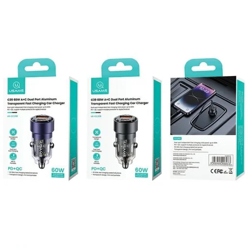 USAMS Autós Töltő C39 USB+USB-C 60W Gyors Töltés lila (US-CC208) - 9