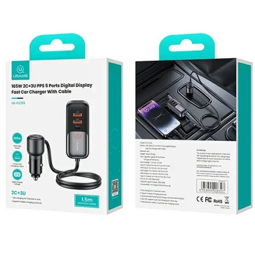 USAMS Autós töltő C40 3xUSB+2xUSB-C 165WPD+QC Gyors töltés fekete/fekete CC213CC01 (US-CC213) - 6