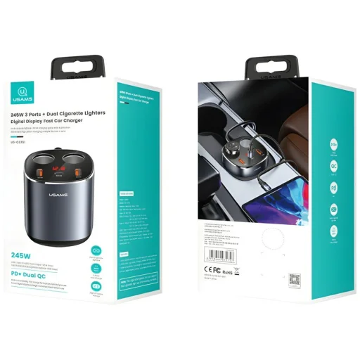 USAMS Autós Splitter 2xUSB-A / 1xUSB-C C28 245W szürke CC151TC01 (US-CC151) - 10