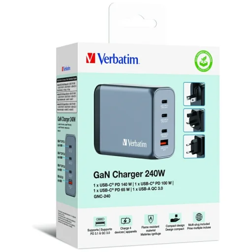 Verbatim GaN 240W Fali Töltő 3xUSB-C/USB-A + EU/UK/US Adapter GNC-240 32205 - 7