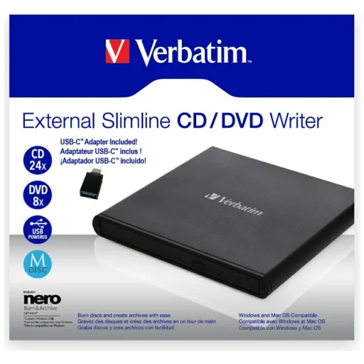 Verbatim Külső Slimline CD/DVD Író USB-A + USB-A/USB-A to USB-C Kábel fekete 98938 - 4