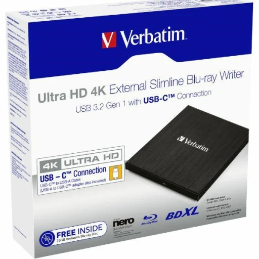 Verbatim Külső Slimline Blu-ray Ultra HD 4K Író + USB-C/USB-A Kábel fekete 43888 - 4
