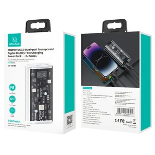 USAMS power bank 9000mAh PD 20W QC3.0+PD kétportos gyors töltés fehér 10KCD18902 (US-CD189), - 10