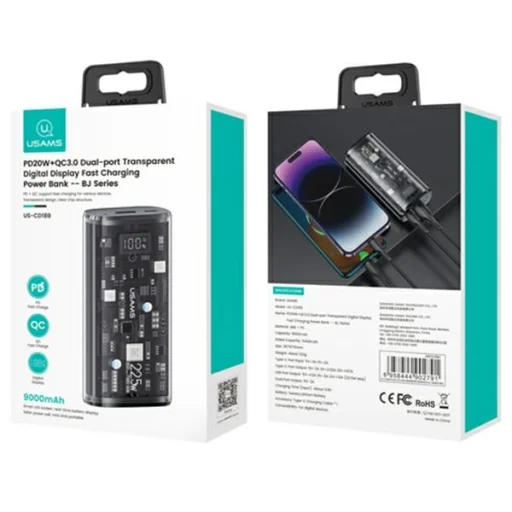 USAMS power bank 9000mAh PD 20W QC3.0+PD dual-port Gyors Töltés fekete 10KCD18901 (US-CD189) - 10