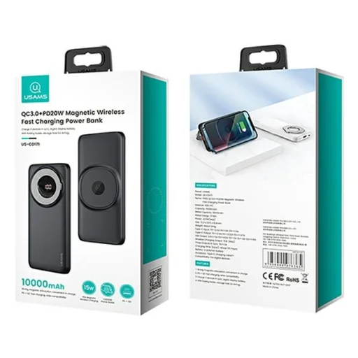 USAMS power bank PB62 10000mAh 20W QC3.0+PD mágneses vezeték nélküli Gyors Töltés fekete 10KCD17101 (US-CD171) - 10