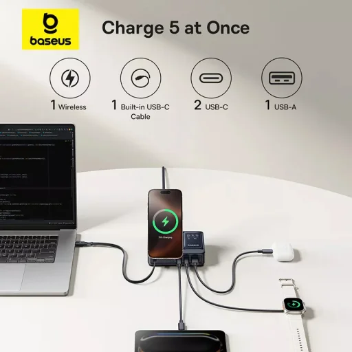 Asztali töltő Baseus Nomos QI 5 az 1-ben, 140W, 5A, 1 x USB-A - 2 x USB-C, fekete P10178800123-00 - 5