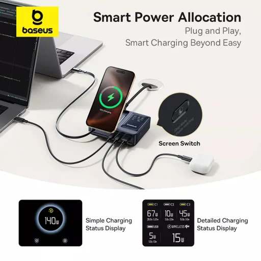 Asztali töltő Baseus Nomos QI 5 az 1-ben, 140W, 5A, 1 x USB-A - 2 x USB-C, fekete P10178800123-00 - 8