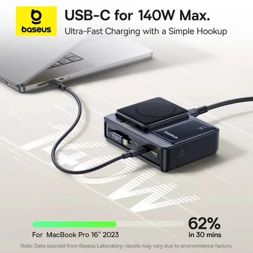 Asztali töltő Baseus Nomos QI 5 az 1-ben, 140W, 5A, 1 x USB-A - 2 x USB-C, fekete P10178800123-00 - 9