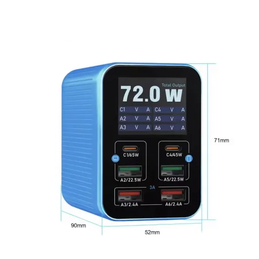 Relife Q4 asztali töltő, 72W, 5A, 2 x USB-C - 4 x USB-A, Kék - 1