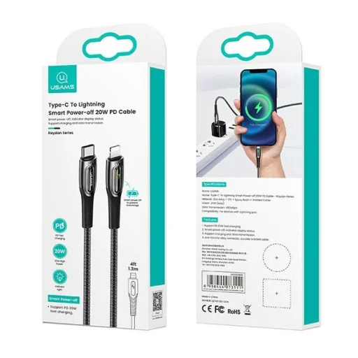 USAMS Fonott USB-C - Lightning Okos Áramtalanító 20W PD Kábel 1.2m sötétzöld SJ - 9