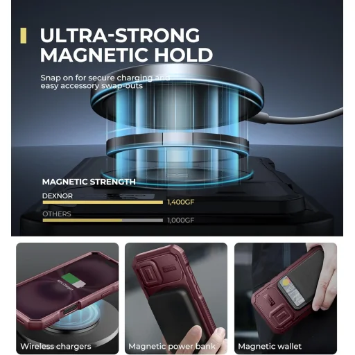 iPhone 16 Dexnor Magsafe 360 tok, kihajtható állvánnyal, piros ütésálló - 4