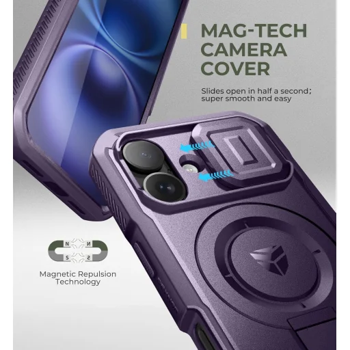 iPhone 16 Dexnor Magsafe 360 tok, kihajtható állvánnyal, lila ütésálló - 5
