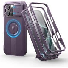  iPhone 16 Pro Max lila ütésálló Dexnor Magsafe 360 tok, kihajtható állvánnyal
