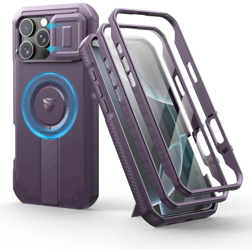  iPhone 16 Pro Max lila ütésálló Dexnor Magsafe 360 tok, kihajtható állvánnyal - 1