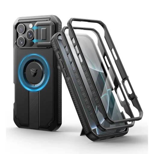 iPhone 16 Pro Max Dexnor Magsafe fekete ütésálló 360 tok, kihajtható állvánnyal - 1
