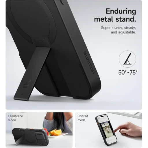 iPhone 16 Pro SURITCH Magsafe tok, kihajtható állvánnyal, fekete ütésálló - 6